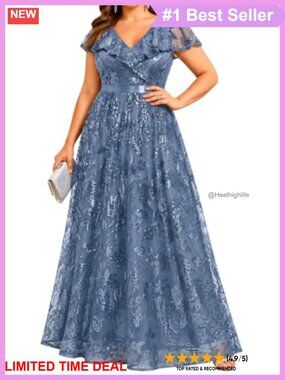 Plus Size Sequin Formal Evening Gown V-Neck Flutter Sleeve Maxi Dress